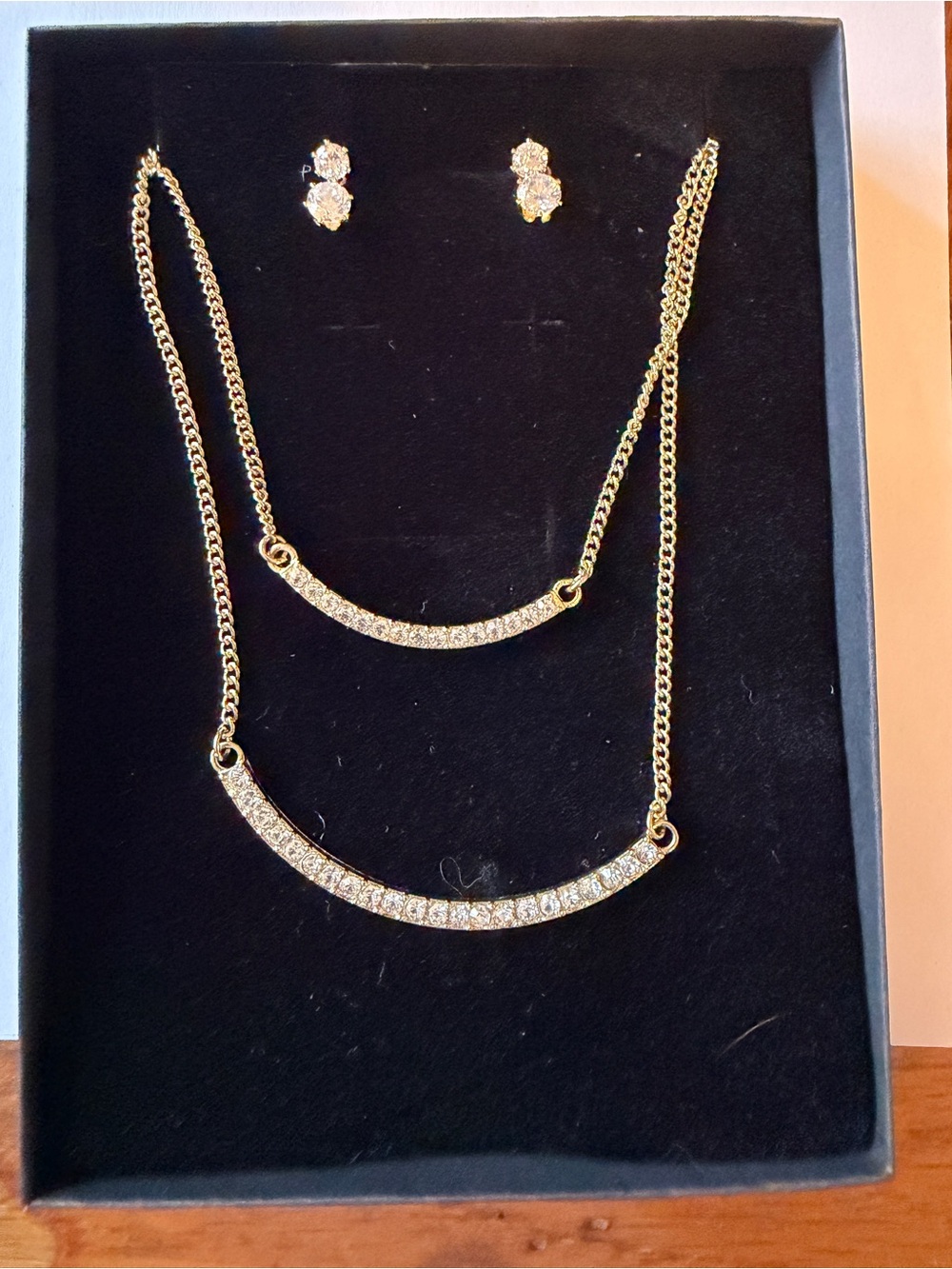 Gold Crystal Bar Necklace and Stud Earrings Set - Women Jewelry